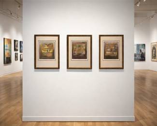 Abstract art trio in gallery space