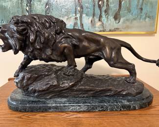 Large bronze on marble lion sculpture artist, Thomas Cartier