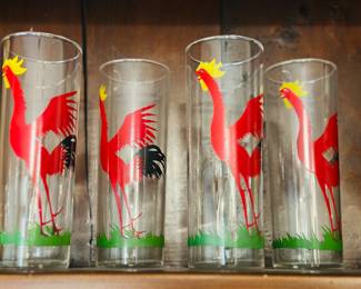 Mid Century Highball Glasses With Rooster Motif