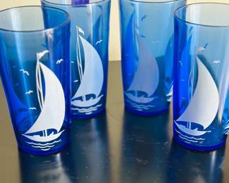 Vintage Cobalt Blue Sailboat Highball Glasses