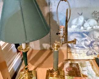 Swing Arm Brass Lamp, Green & Gold Tone Candle stick lamp