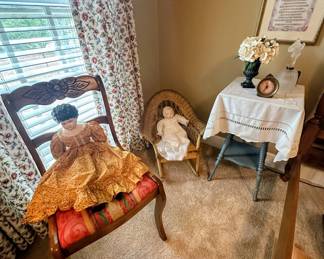 Vintage dolls, MCM Chairs & side tables