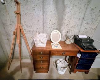 Art Portable Easel, MCM Desk, Vintage Royal Typewriter, storage side table.