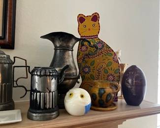 More old pewter, marble owl and wooden cat doorstop