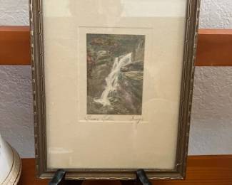 Small hand colored signed photo by Charles Sawyer entitled Flume Falls