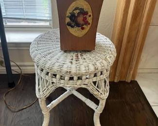 Wicker stool, metal trash can