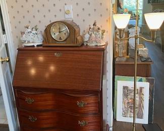 Drop front desk, double floor lamp.