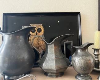 Pewter pitchers, Couroc Owl Mid Century tray