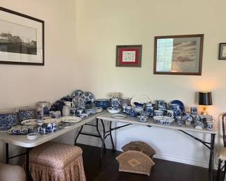 Large blue and white sets of dishes, antique and vintage.