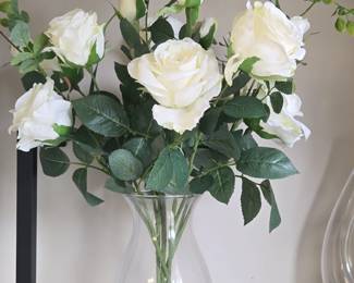 Artificial White Roses in Glass Vase and Two Champagne Flutes