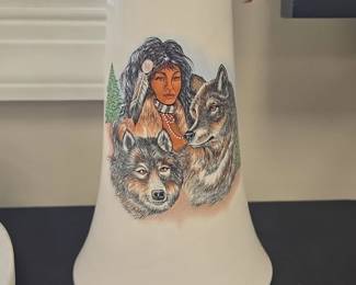 Native American Woman and Wolf Ceramic Bell