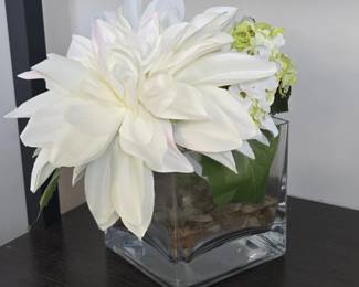 Faux Floral Arrangement with White Dahlia and Hydrangeas in Glass Cube Vase