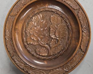 HandCarved Wooden Plate with Floral Motif