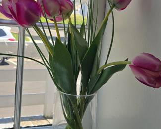 Artificial Pink and White Tulips Arrangement in Clear Glass Cylinder Vase