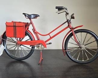Vintage Red Metal Bicycle Figurine with Basket