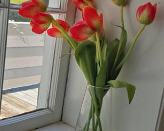 Artificial Red and Yellow Tulips Arrangement in Clear Glass Vase