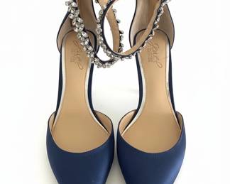 Jewel Badgley Mischka Vera Navy Blue Satin Crystal Embellished Ankle Strap Heels fifth image