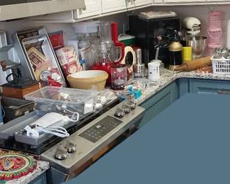 Coke, vintage Gripstand bowls, KitchenAid food processor, KitchenAid stand mixer, Fiesta toaster, Cuisinart coffee maker, Campbell’s, Pottery Barn vintage style cocktail plates