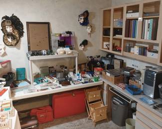 Clay Art masks, stamping/scrap booking, plastic office storage, vintage luggage, HP pavilion computer, Epson stylus RX500 printer, paper shredder