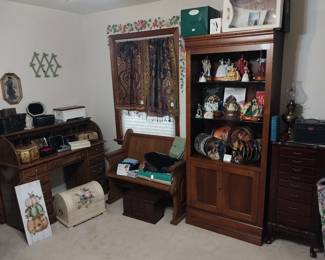 roll top desk, jewelry cabinet, jewelry boxes, Gone With the Wind- plates, figurines, snow globe, magazines, book, short pew bench