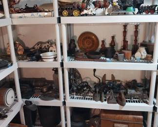 cast iron door stops, "dentist" nut cracker, irons, stage coach