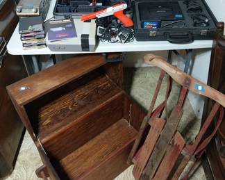 Sega Saturn, Original Nintendo, Magnavox VHS camera, vintage sled