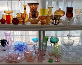 Fenton rose bowl, 1876 Avon Cape Cod in Ruby Red, pink depression glass, blue Shirley Temple bowls and mini pitchers, green glass, yellow glass, red glass, amber glass