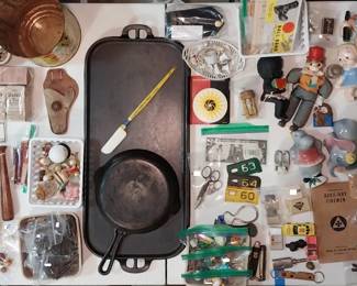 Wagner cast iron griddle, Griswold pan, black Americana, California Raisins, Smurfs, Disney figurines, post cards