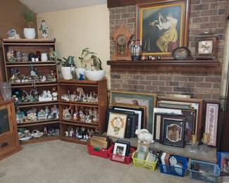 3 shelf barrister bookcase, 5 shelf barrister bookcase, mantel clocks, planters, picture frames, owls, frogs 