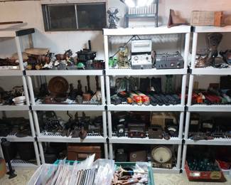 vintage radios, volt meters, telegraph keys, O scale train, cast iron