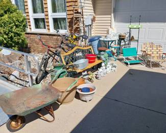 Diamond Back bike Lg frame, utility work light, wheelbarrow, Coca-Cola bench, Woodard chairs, Woodard cart, 3 piece bistro set, frogs, pagoda, milk cans, planters