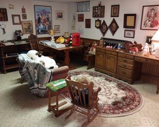 desk, corner table with bench, wall art