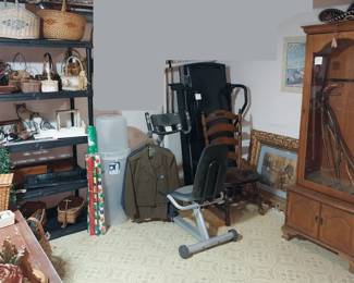 exercise bike, treadmill, gun cabinet baskets