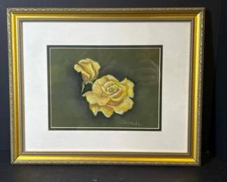 040 framedpastelartofyellowrosesbyjc
