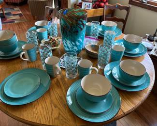 Pretty aqua dinner dishes and matching glasses