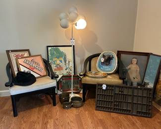 Coors Extra Gold Ad Mirror, Miller Ad Mirror, Accent Chair, Hamilton Typeset Drawer, Vnt Schultz Bull Sign, E.R. Nele Sputnik-Style Floor Lamp  