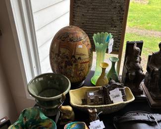 Opalescent Glass Swung Vase, A.C Williams Cast Iron Bank  