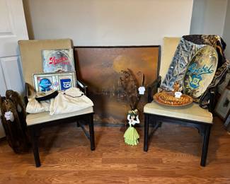 Vintage Hat, Pabst Blue Ribbon Ad, Stroh's Beer Ad Mirror, Tom Greene Brutalist Torch Sconce, Vtg Ceramic Ashtray  