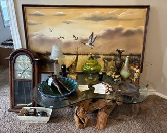 Carved Wood Lady Nutcracker, Pottery Bowl, Wall Clock