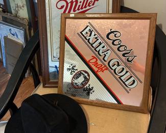 Coors Extra Gold Ad Mirror, Miller Ad Mirror, Accent Chair, Hat