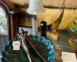 Carved Wood Lady Nutcracker, Pottery Bowl