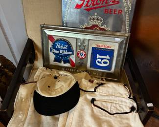 Vintage Hat, Pabst Blue Ribbon Ad, Stroh's Beer Ad Mirror 