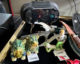 Chinese Foo Dog Pair, Anthropomorphic Cricket Figures 