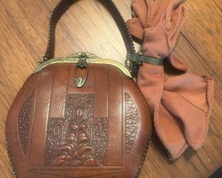 Antique leather tooled purse with gloves/holder