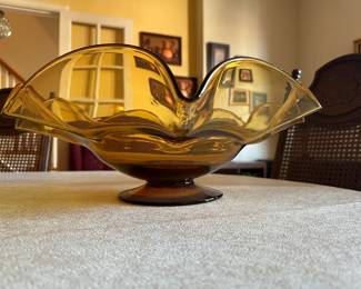 VTG Blenko Amber Glass Compote Pedestal Bowl | Ruffled Rim | 1960s