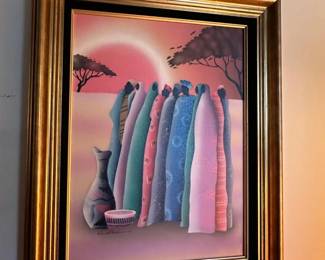 Signed Lithograph on Canvas – Framed African Sunset Scene