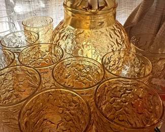 Vintage Amber Glass Pitcher & Tumblers Set | Mid-Century Textured Glass