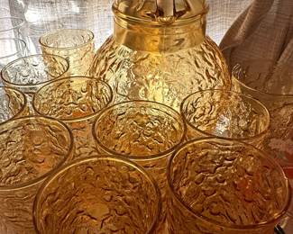 Vintage Amber Glass Pitcher & Tumblers Set