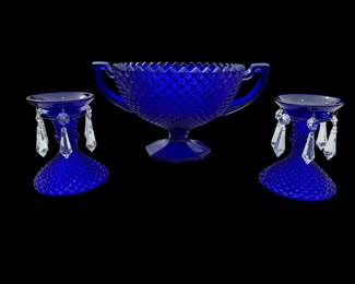 Antique Cobalt Diamond Point Compote Candlestick Set