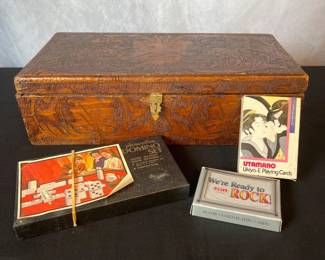 Hand‑Carved Wooden Box with Vintage Card Games & Cribbage Boards